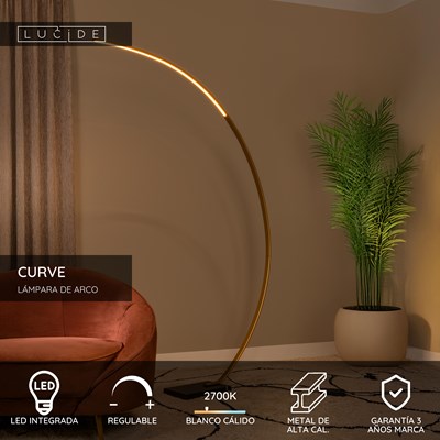 Lucide CURVE - Lámpara de arco - LED Regul. - 1x15W 2700K - Oro mate / Latón